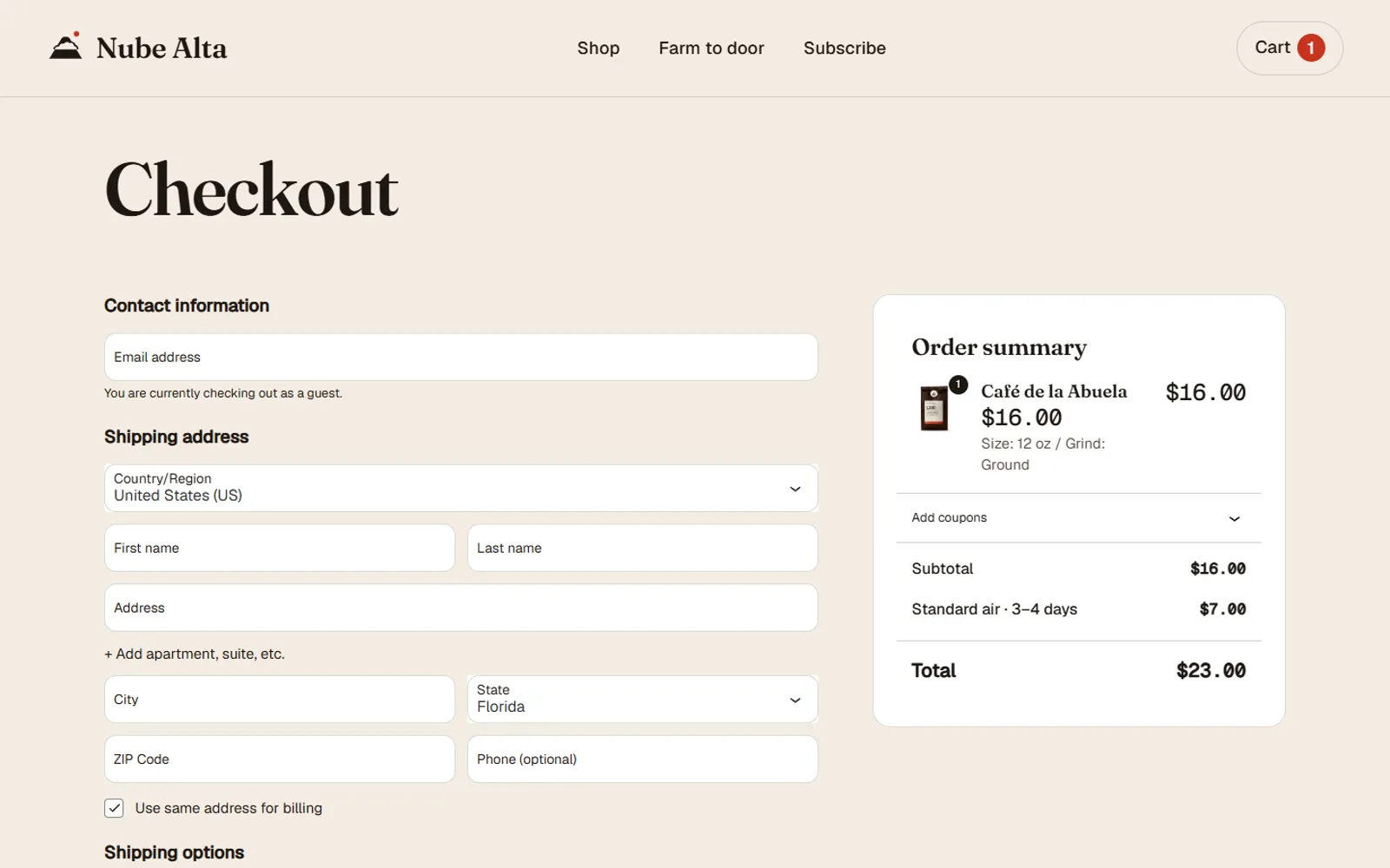 Checkout page with the order summary