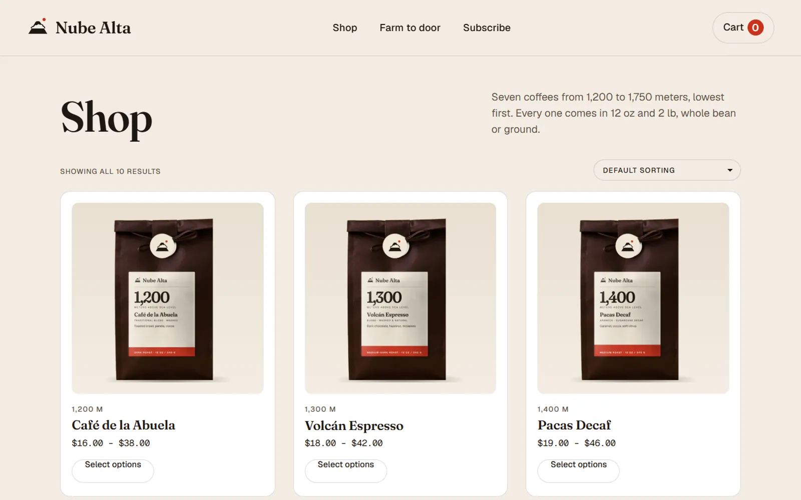 Shop page with coffee bags